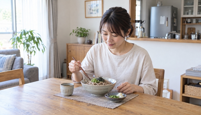 自宅の食卓で、盛りつけたそばを前に箸を手にしている人物。