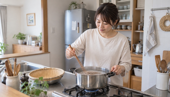 自宅のキッチンで、鍋の中のそばを見ながらゆでている人物。