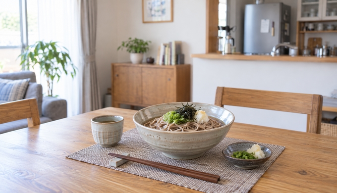 自宅の食卓に、器へ盛りつけたそばと箸が置かれている。