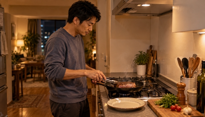 自宅のキッチンで、男性がフライパンで厚みのある牛肉を焼いている。