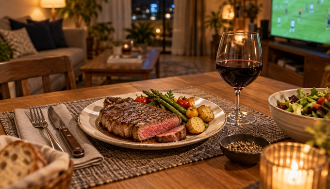 自宅の食卓に、焼いた牛肉と付け合わせを盛った夕食が用意されている。