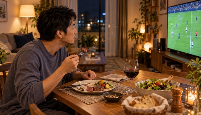 自宅の食卓で、男性が牛肉を食べながらテレビのサッカー中継を見ている。