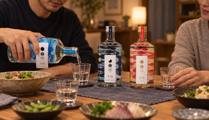食卓に並べた塙 水毬・塙 玄毬・塙 燈毬のうち一本から、小さなグラスへ焼酎を少量注いでいる手元。
