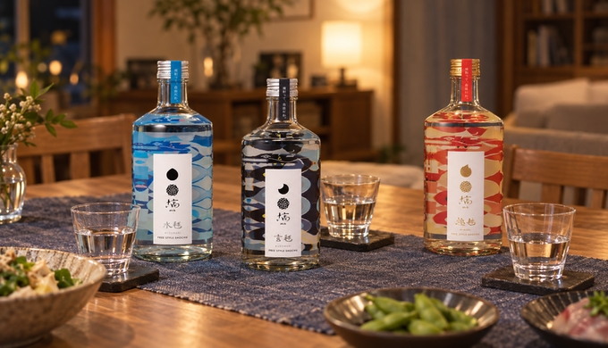 食卓に塙 水毬・塙 玄毬・塙 燈毬の三本と、少量の焼酎を入れた飲み比べ用のグラスが並んでいる。