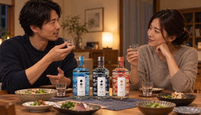 二人がそれぞれ別のグラスを手にし、食卓の三銘柄を囲みながら好みについて話している様子。