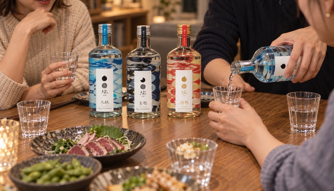 食卓に並んだ青系、黒系、赤金系の3本の焼酎のうち一本を、小さなグラスへ少量注いでいる。