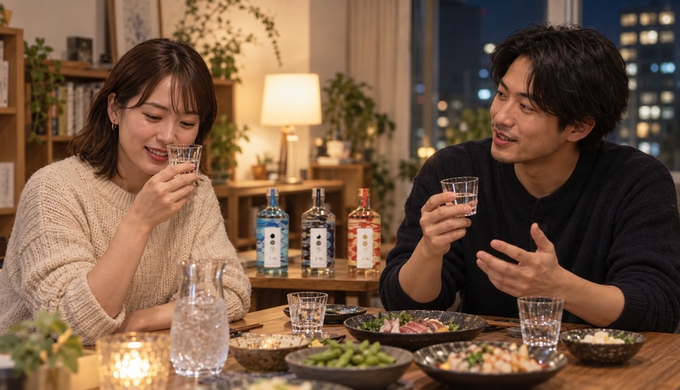 二人が小さなグラスを持ち、一人は香りを確かめ、もう一人は飲んだ感想を相手に話している。
