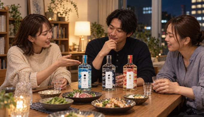 食卓を囲む3人が、並んだ3本の焼酎を見比べながら、それぞれの好みについて話している。