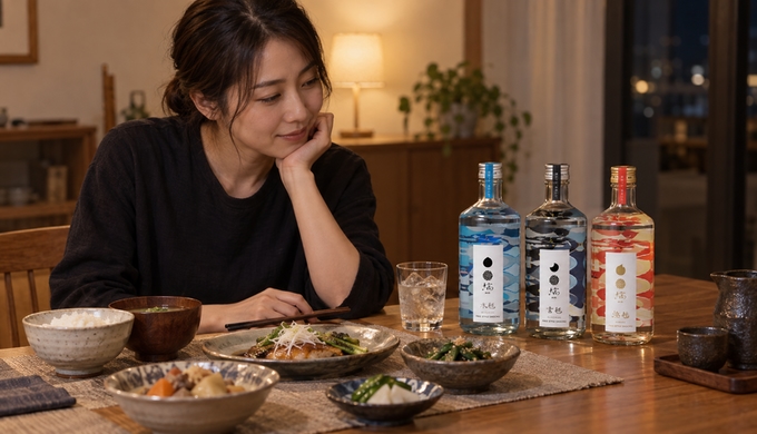 夕食が並ぶ自宅の食卓で、3本の焼酎を前に料理を見ながら一本を選ぼうとしている女性。