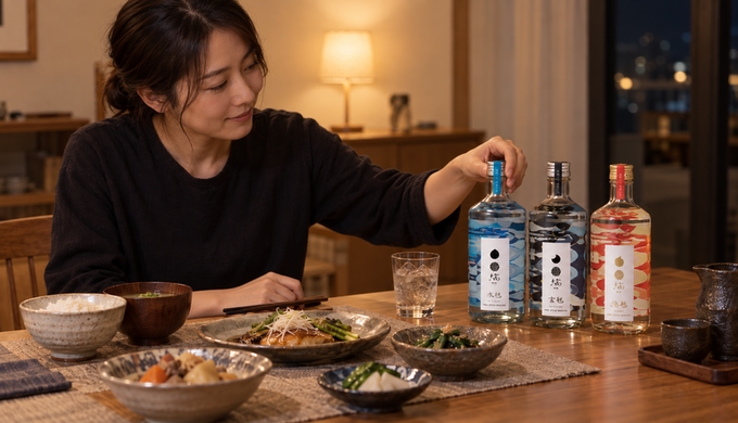 夕食が並ぶ食卓で、女性が3本の焼酎のうち一本へ手を伸ばしている。