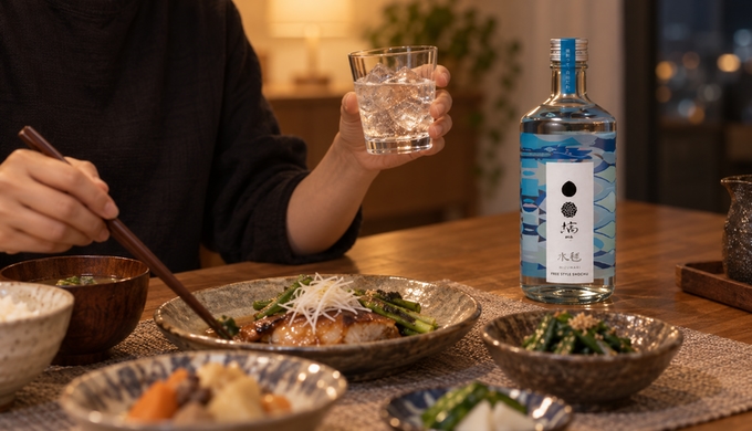焼酎のグラスを手に持ち、料理へ箸を伸ばす手元と、食卓に置かれた一本の焼酎。