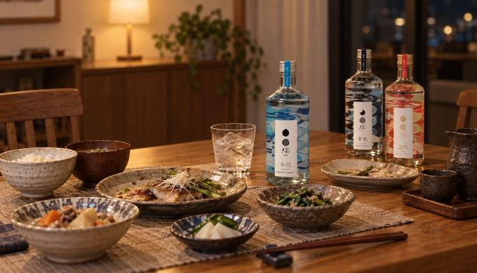 食事途中の食卓に、飲みかけのグラスと選んだ一本の焼酎、その奥に残りの2本が置かれている。