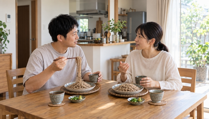 予定のない休日は、茹でたての本生そばを囲む