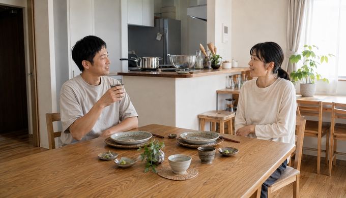 そばを食べ終えた食卓で、湯のみを手に会話を続ける二人。