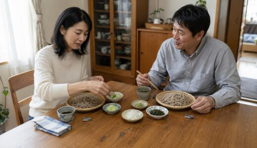 夫婦で薬味を持ち寄り、自分好みのそばを見つける休日