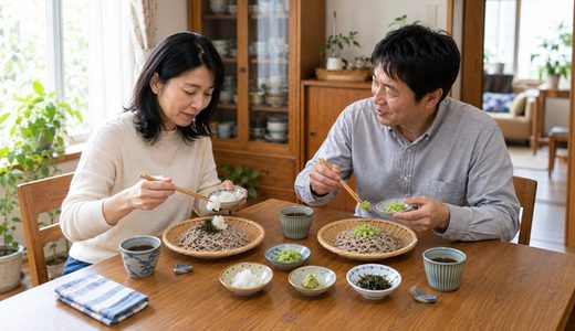 夫婦で薬味を持ち寄り、自分好みのそばを見つける休日