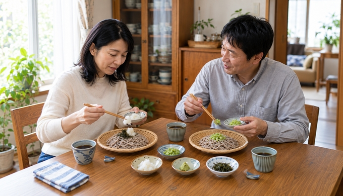 夫婦で薬味を持ち寄り、自分好みのそばを見つける休日