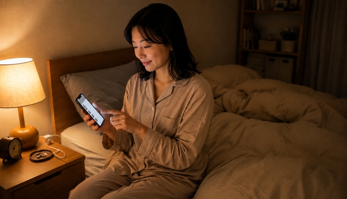夜の寝室で、女性がベッドに腰掛け、スマートフォンで聴きたい朗読作品を選んでいる。