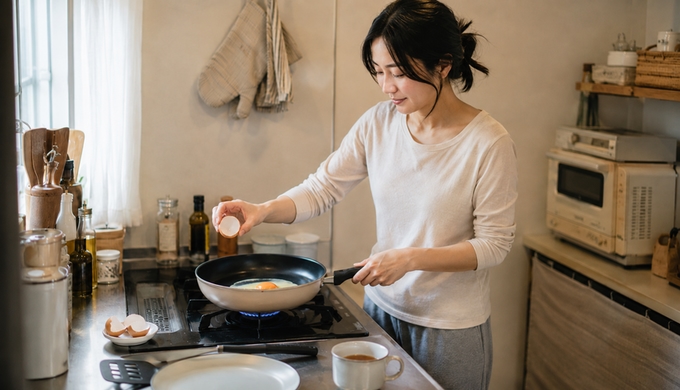 女性が自宅のキッチンでフライパンに卵を割り入れ、広がる白身を見ている。