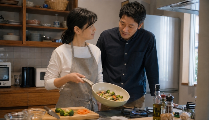 夕食を作る二人が、調理中のフライパンを見ながら選んだ理由を話している。