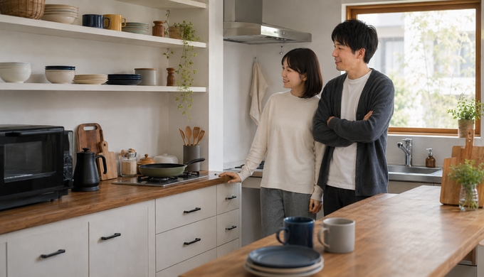 選んだ一色のフライパンをコンロの近くに置き、二人がキッチン全体とのなじみ方を眺めている。