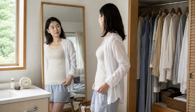 冷感ブラトップを着た女性が、寝室の鏡の前で裾を整えながら着用状態を確認している。