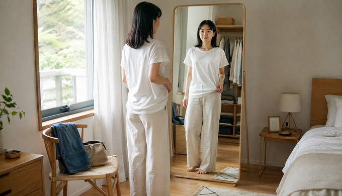 白い服を着る朝、スキンベージュで透け感を確かめる