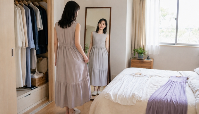 薄手のワンピースを着て、寝室の鏡で全身の着こなしを確認する女性。
