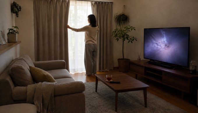 映画を見る前に、明るいリビングの窓辺でカーテンを閉める人物。