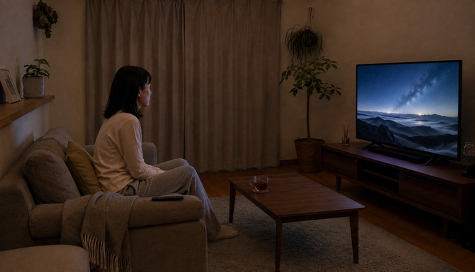 カーテンを閉めた暗いリビングで、ソファに座ってテレビの映画を見る人物。