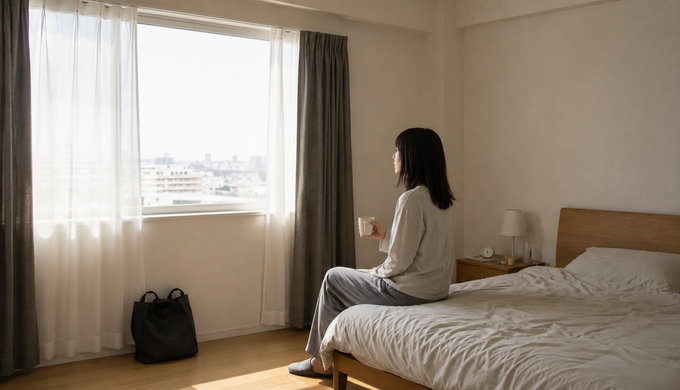 朝の明るい寝室で、帰宅した女性がバッグを置き、飲み物を手に一息ついている。