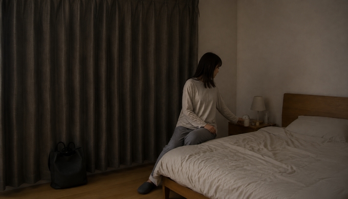 カーテンを閉めた寝室で、女性がベッドのそばに座り休む準備をしている。