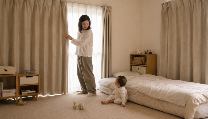 赤ちゃんのいる昼間の部屋で、母親が窓辺のカーテンを閉めている。