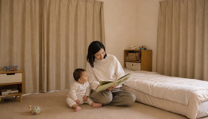 赤ちゃんのいる昼間の部屋で、母親が窓辺のカーテンを閉めている。