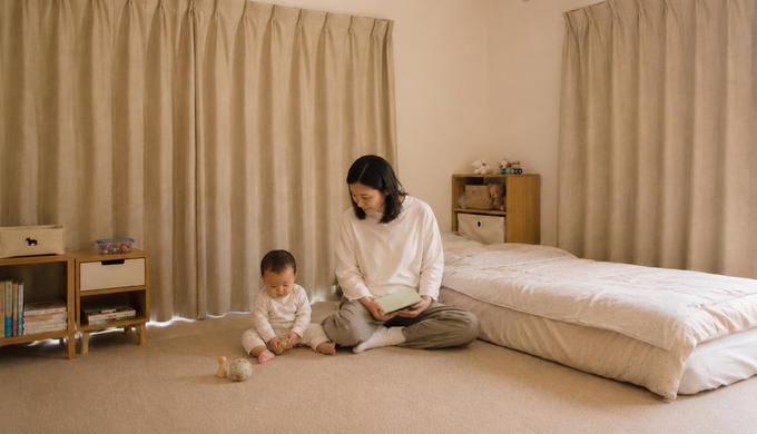 赤ちゃんのいる昼間の部屋で、母親が窓辺のカーテンを閉めている。