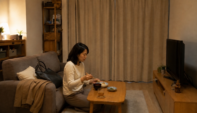 閉じたカーテンのある夜のリビングで、女性が一人で夕食を食べている。