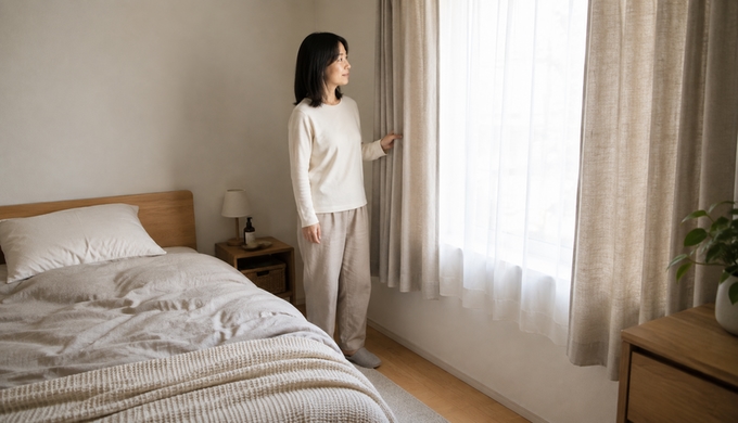 遮光カーテンらしくない淡色で、明るい寝室づくりを楽しむ