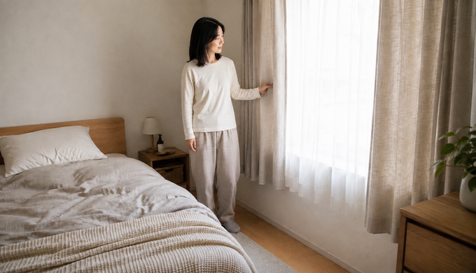寝室の窓辺で女性が淡い色のカーテンに触れながら寝具との色合いを見比べている。