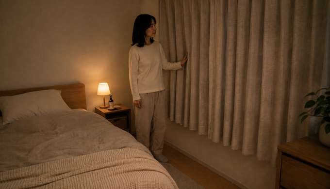 夜の寝室で女性が淡い色のカーテンを窓いっぱいに閉め、室内の様子を確かめている。