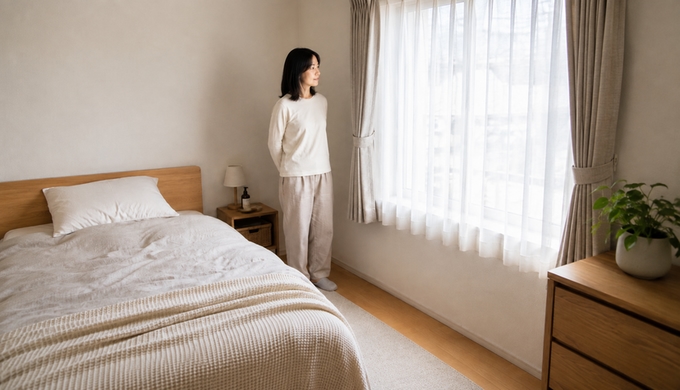 朝の寝室で女性が開いた淡いカーテンと寝具や壁の色のまとまりを眺めている。