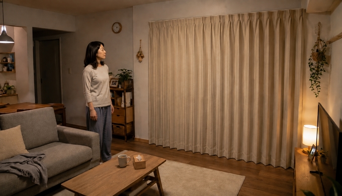 リビングの窓辺から数歩離れ、掛け終えたカーテン全体を眺める女性。