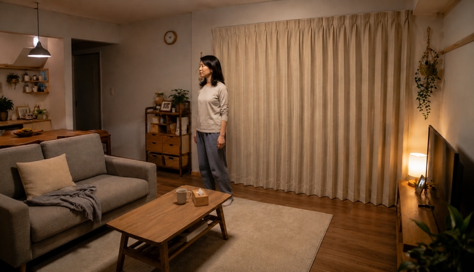 カーテンのある窓辺からソファやテーブルまで、リビング全体を見渡す女性。
