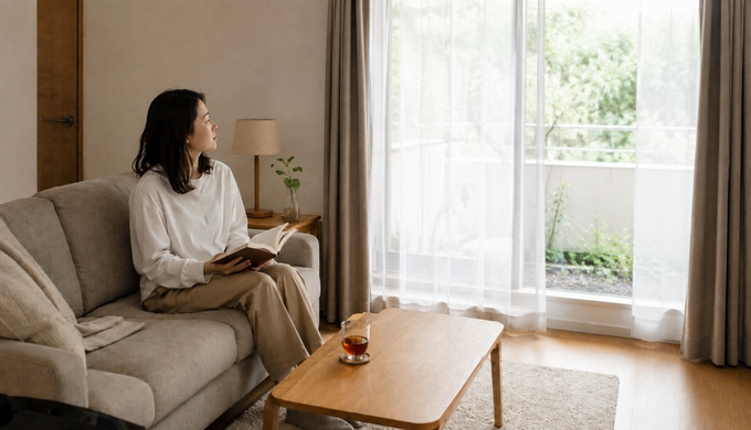 開いたカーテンの近くのソファで、女性が本を置いて窓辺へ視線を向けている。