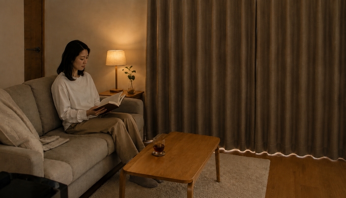 閉じたカーテンのあるリビングで、女性がソファに戻り本を読みながら過ごしている。