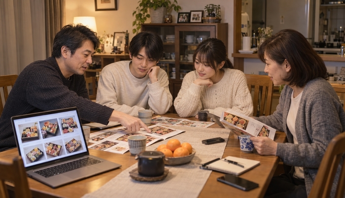 家族4人がダイニングテーブルを囲み、複数のおせち候補を見比べながら相談している。