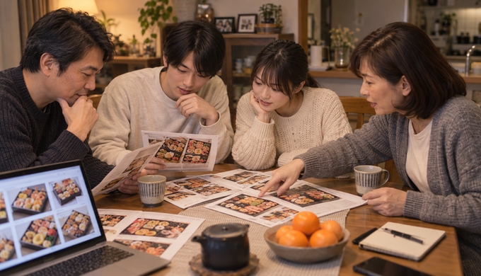 家族それぞれが異なるおせち候補に目を向け、テーブルを囲んで意見を交わしている。