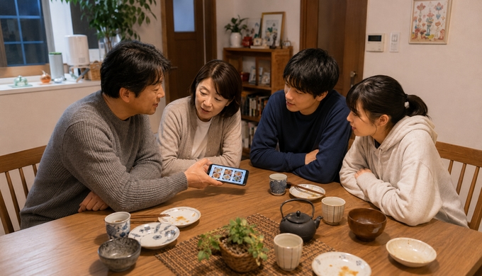 夕食後の食卓で家族の一人がスマートフォンのおせち候補を見せ、ほかの家族が画面を覗きながら相談を始めている。