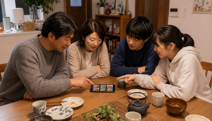 家族4人がスマートフォンに並ぶ複数のおせち候補を見比べ、気になる料理を指しながら意見を交わしている。