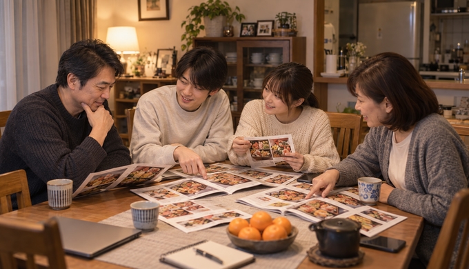 家族が複数のおせち候補を見ながら、互いに顔を向けて会話している。