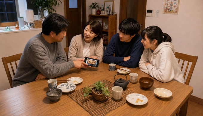 家族4人が選んだ一つのおせちをスマートフォンで見ながら、食卓を囲んで会話を続けている。